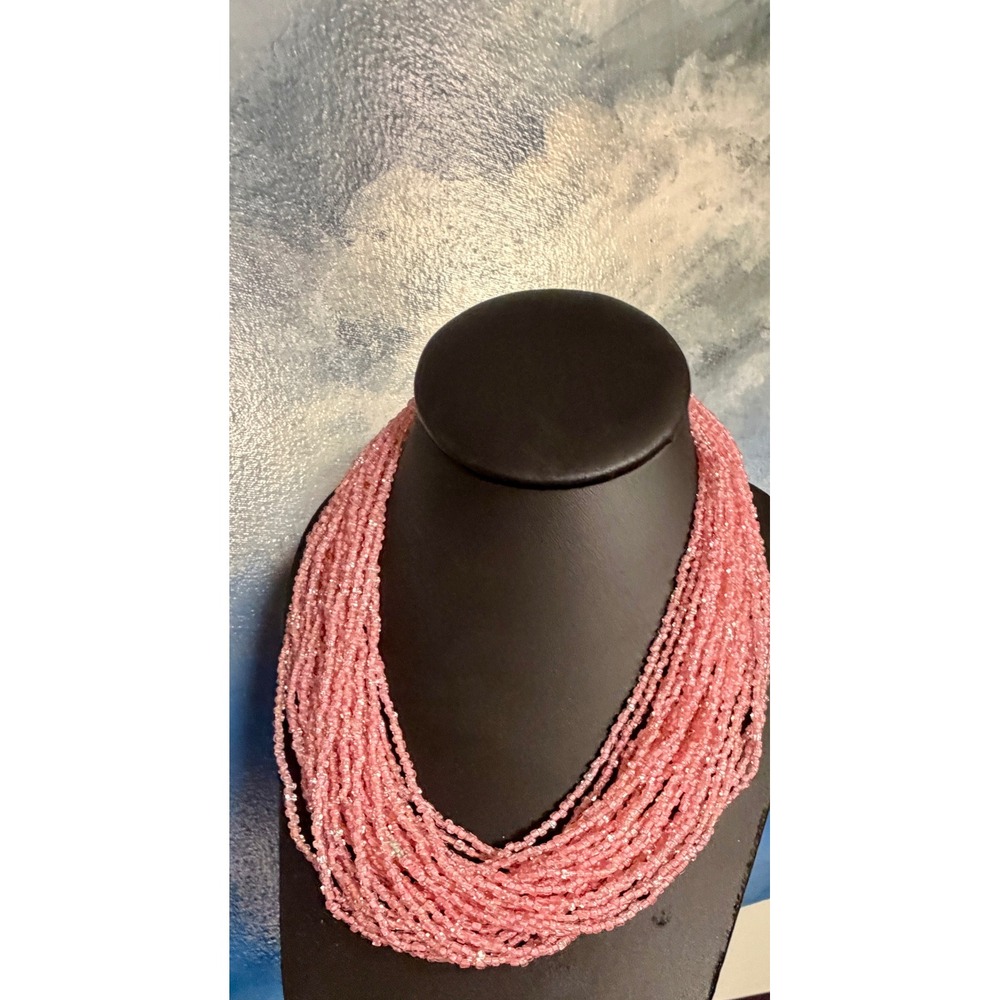 Vintage Art Deco Pink Multi Strand Glass Seed Bead Necklace